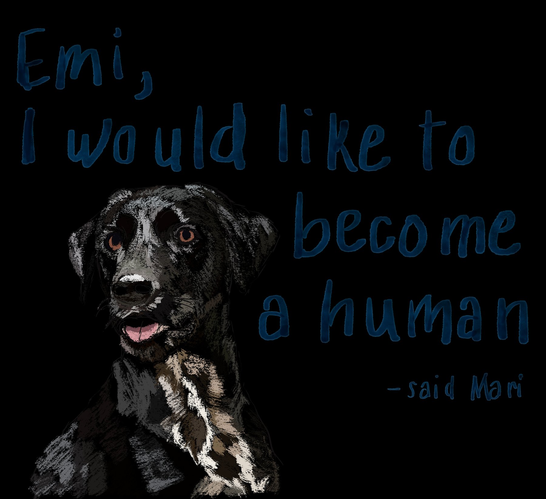 portrait of a dog on a black background with small handwritten blue text