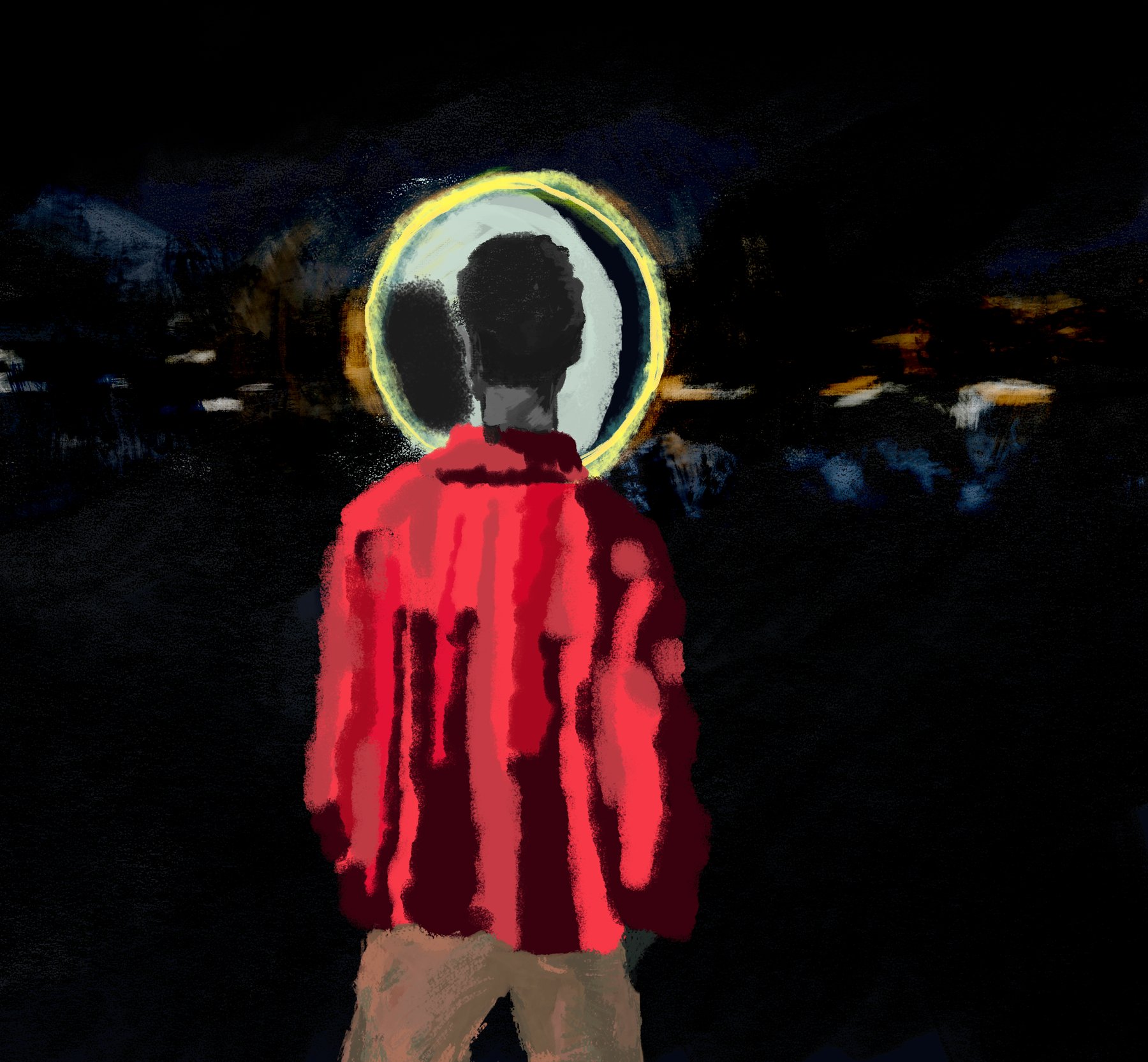 illustration: a figure seen from behind, haloed in light, red coat