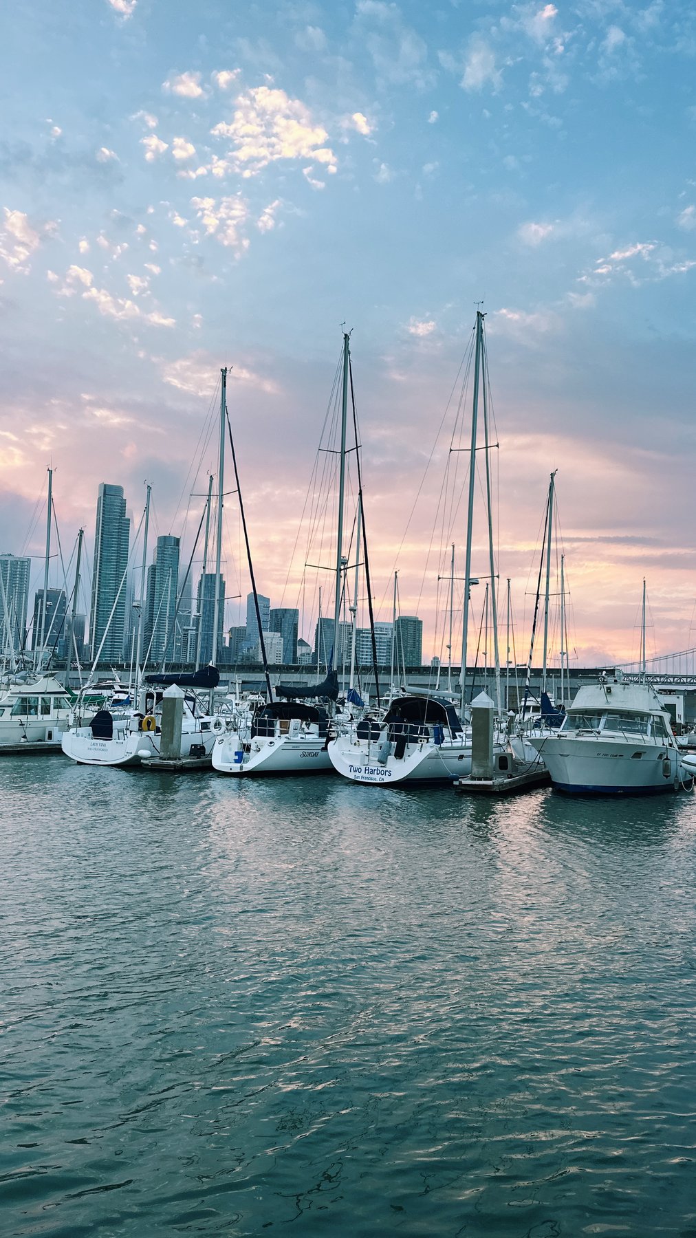 marina at sunset with the city skyline in the distance