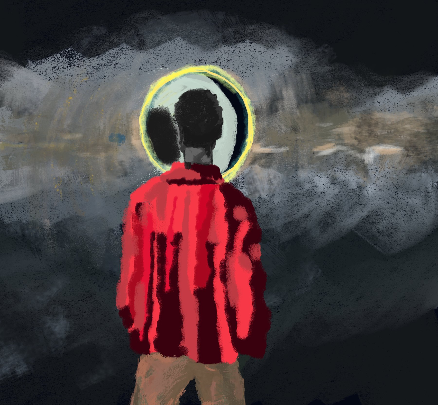 the same figure in a red coat walking through a fully painted night landscape toward a glowing moon