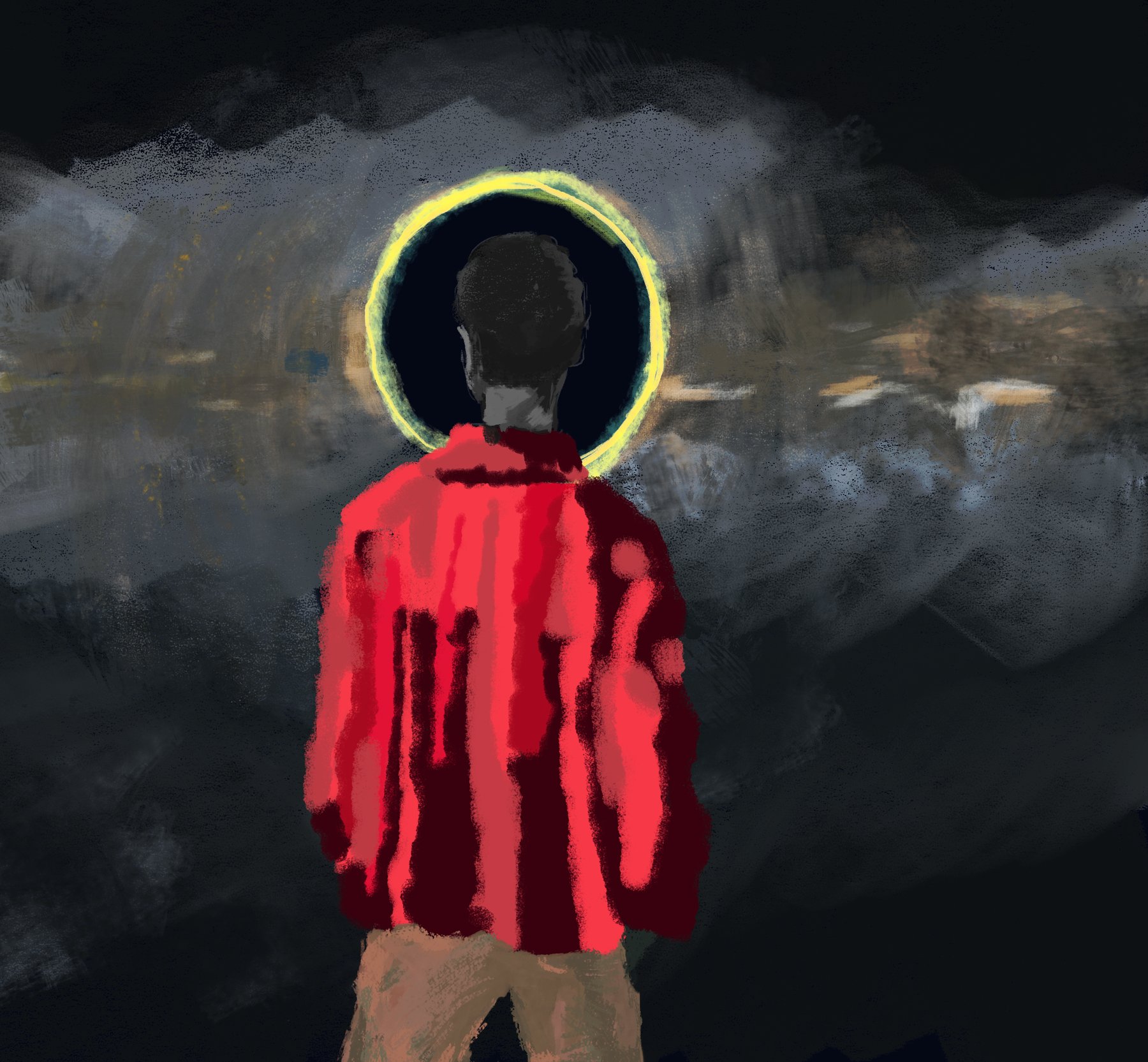 a figure in a red coat facing a dark gray sky, the moon rendered as a plain dark circle ringed in light