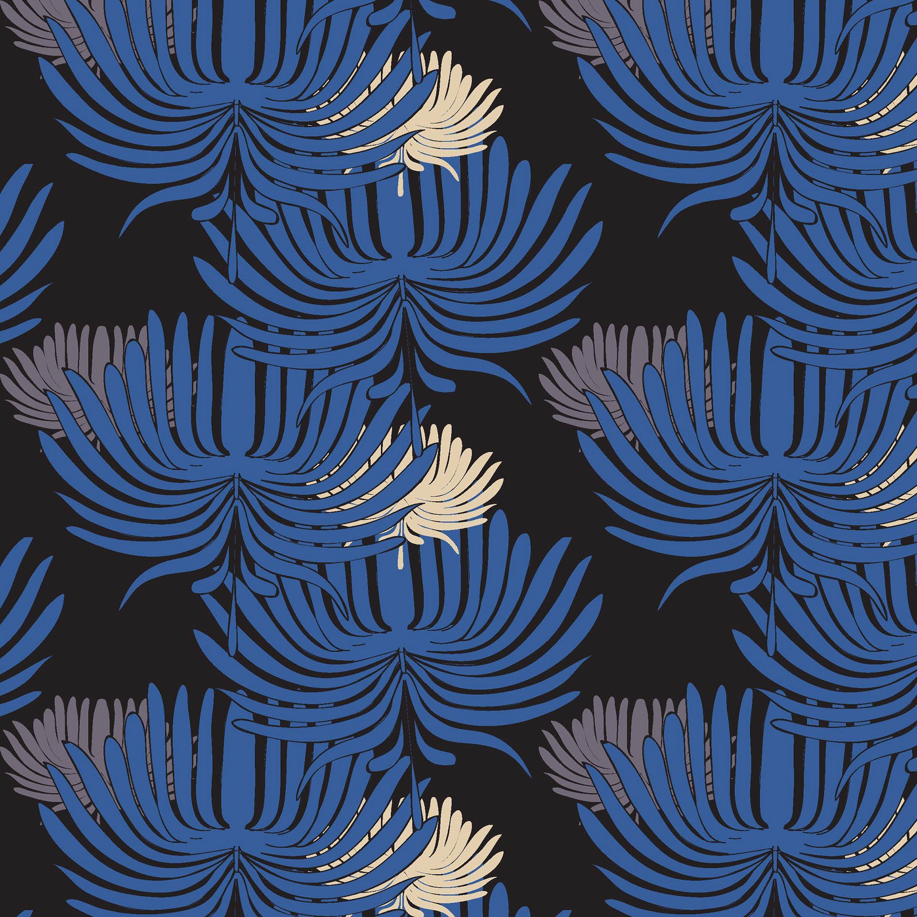 repeating pattern of blue palm fronds on a black background