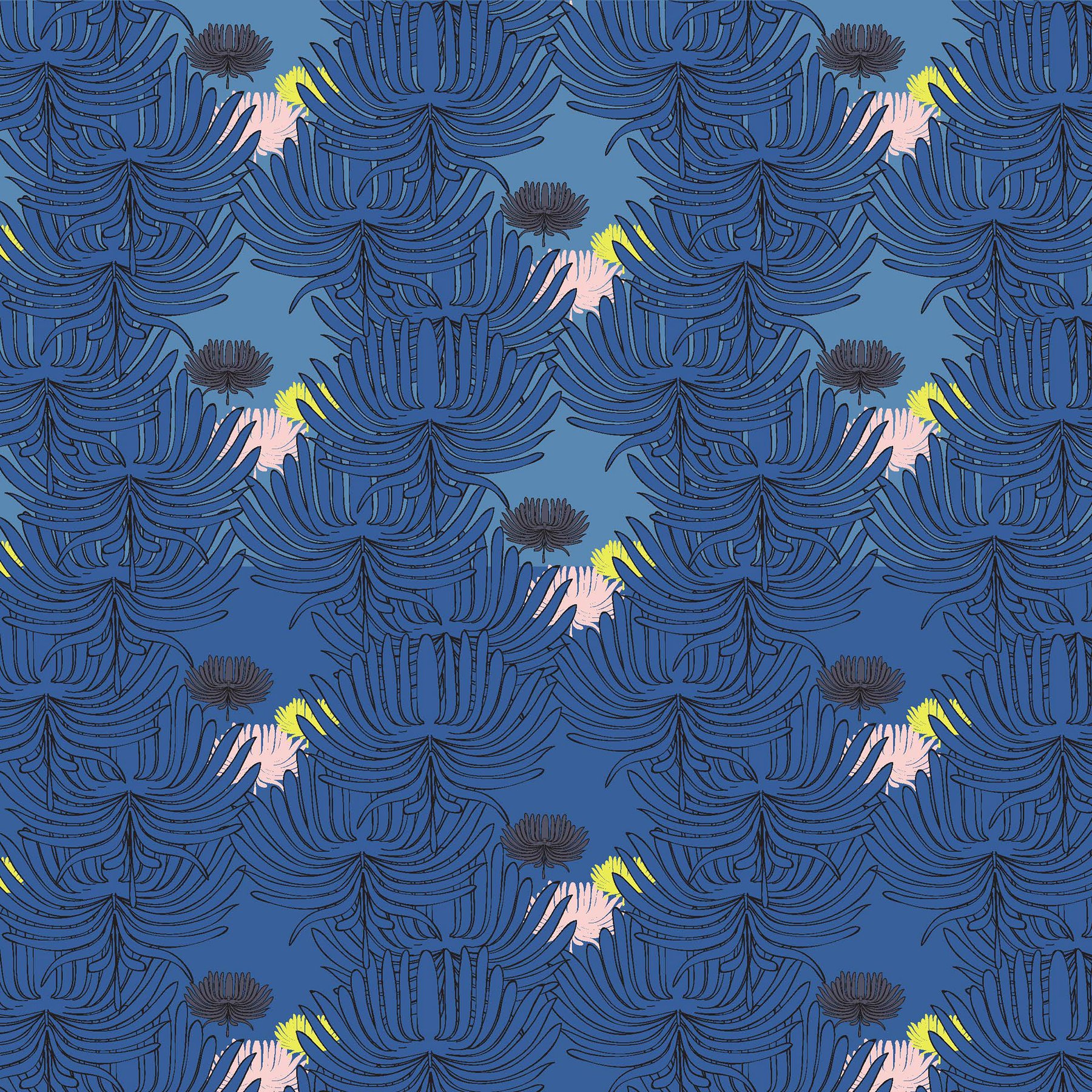 repeating pattern of blue palm fronds on a blue background