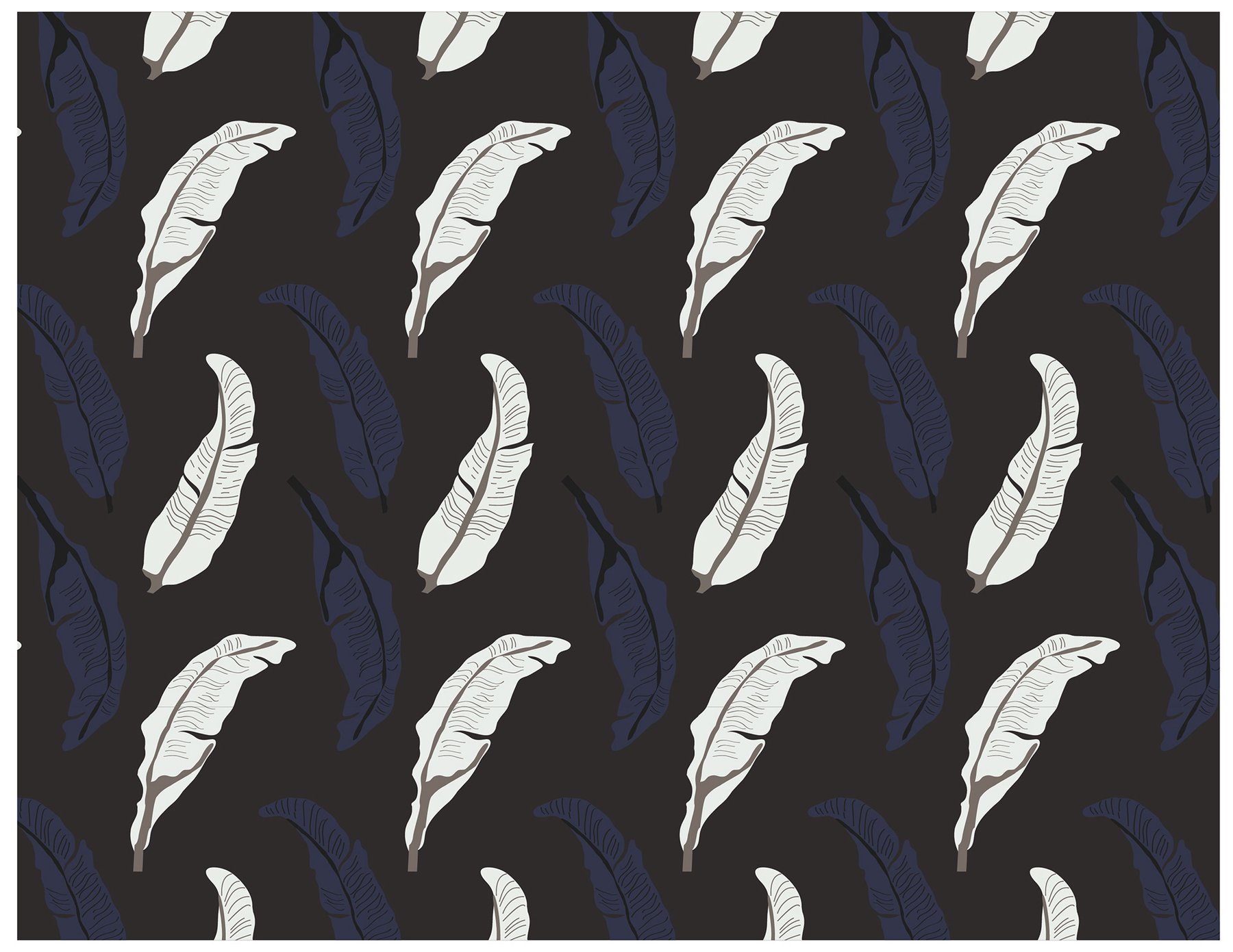 repeating pattern of pale feathers on a dark navy background