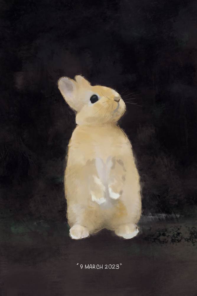 painted portrait of a small rabbit standing upright, dark background