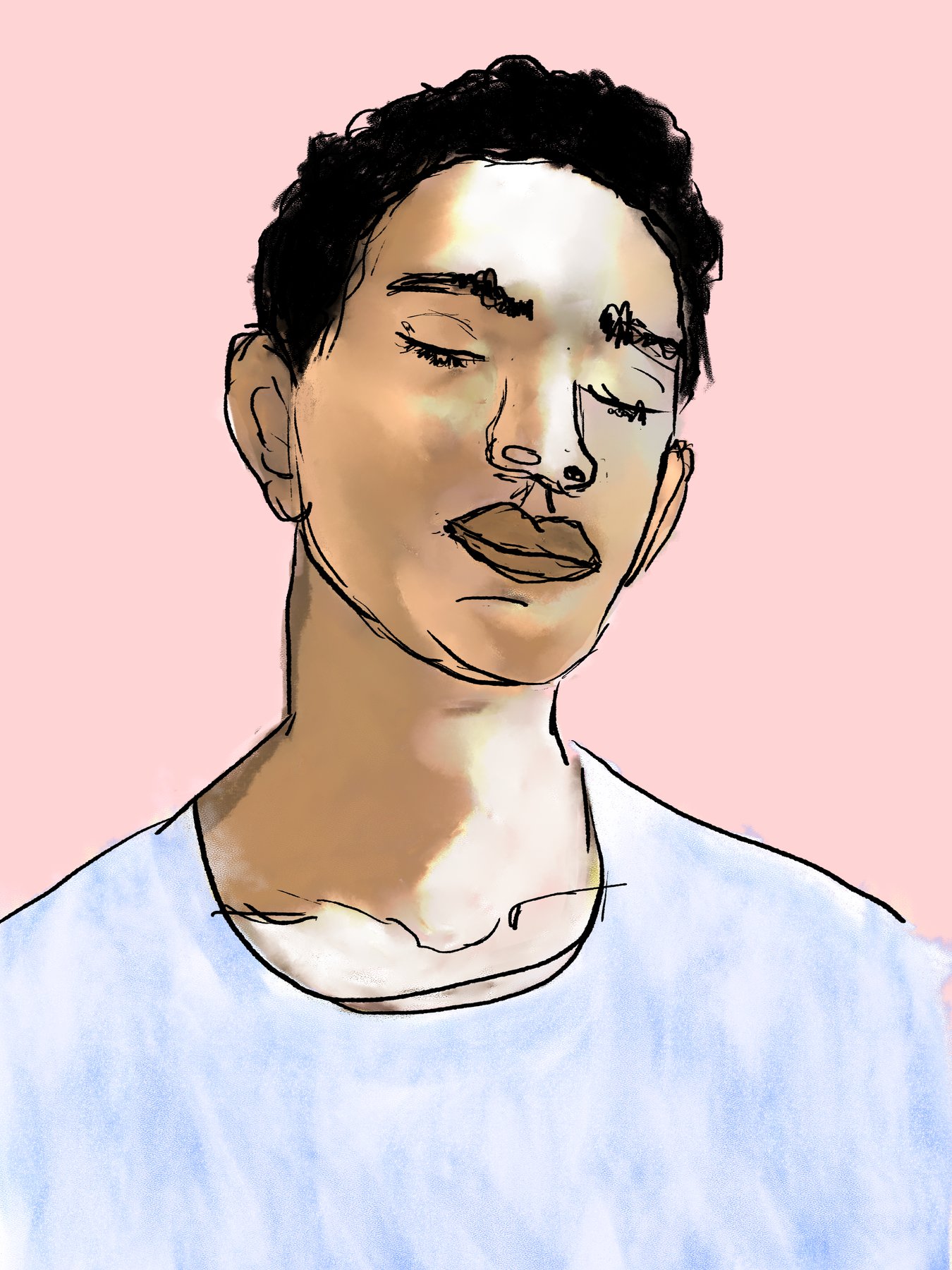 portrait study of a man with eyes closed, pink background, white shirt