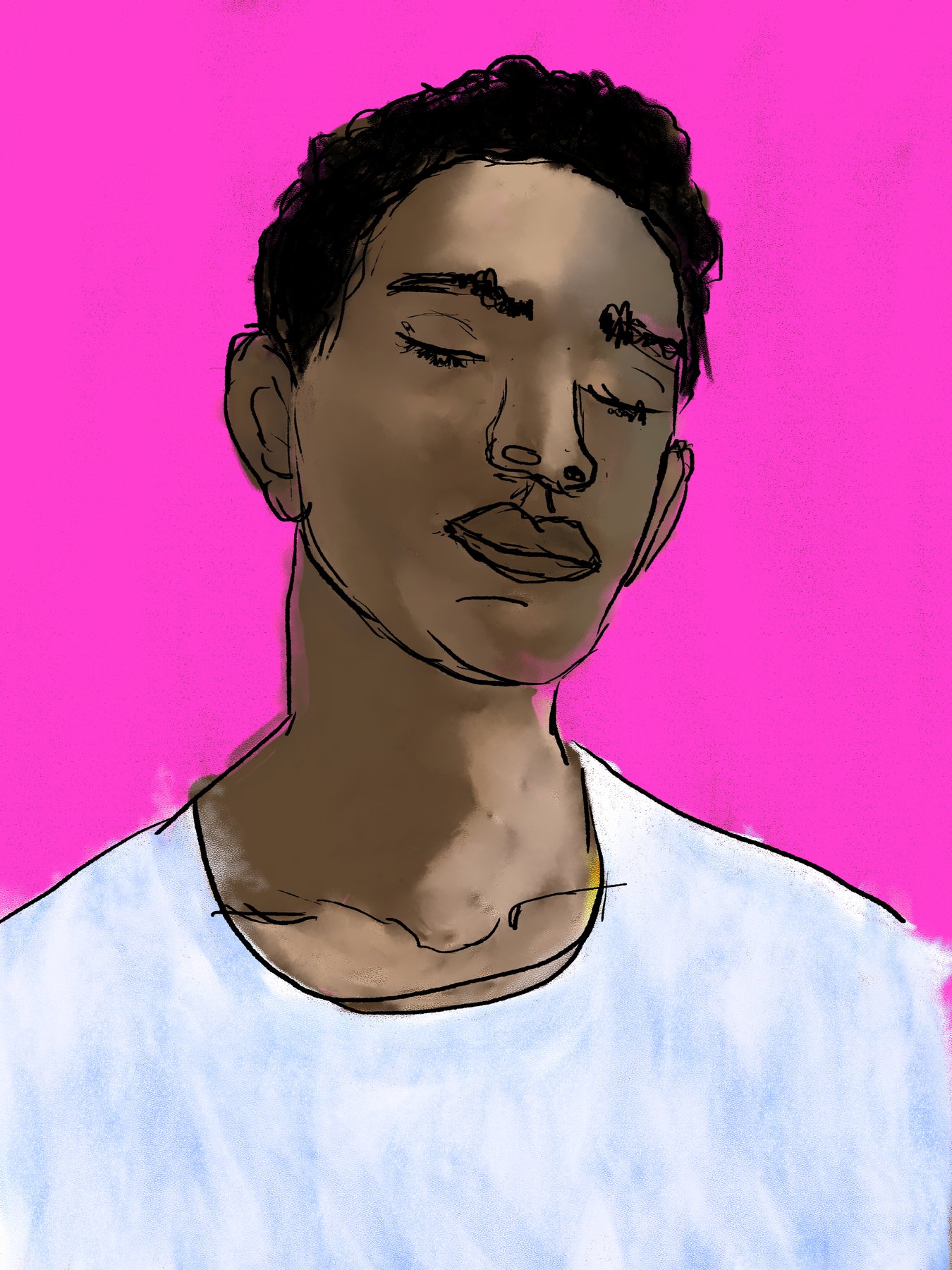 portrait study of a man with eyes closed, bright magenta background