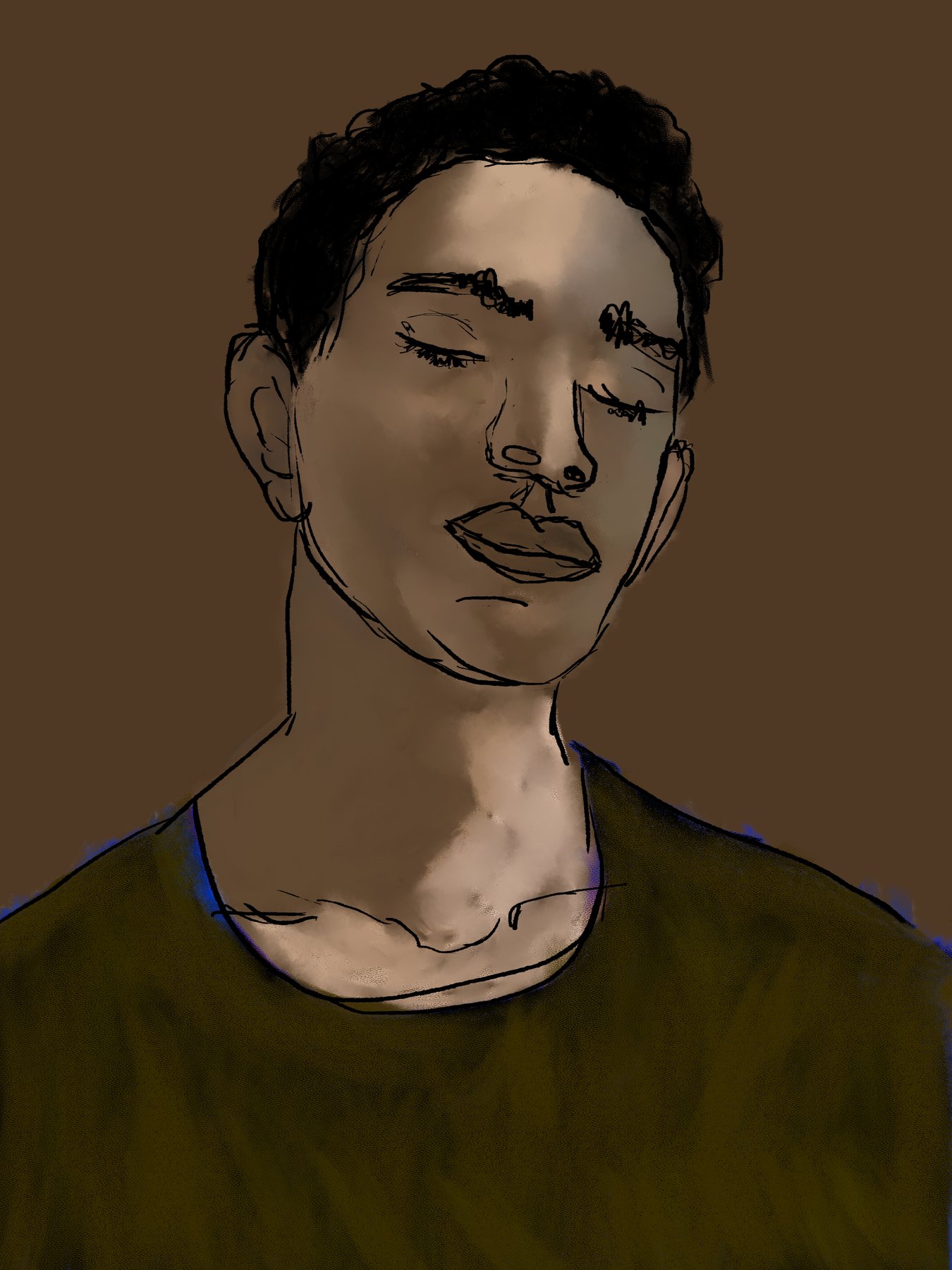 portrait study of a man with eyes closed, brown background, olive shirt