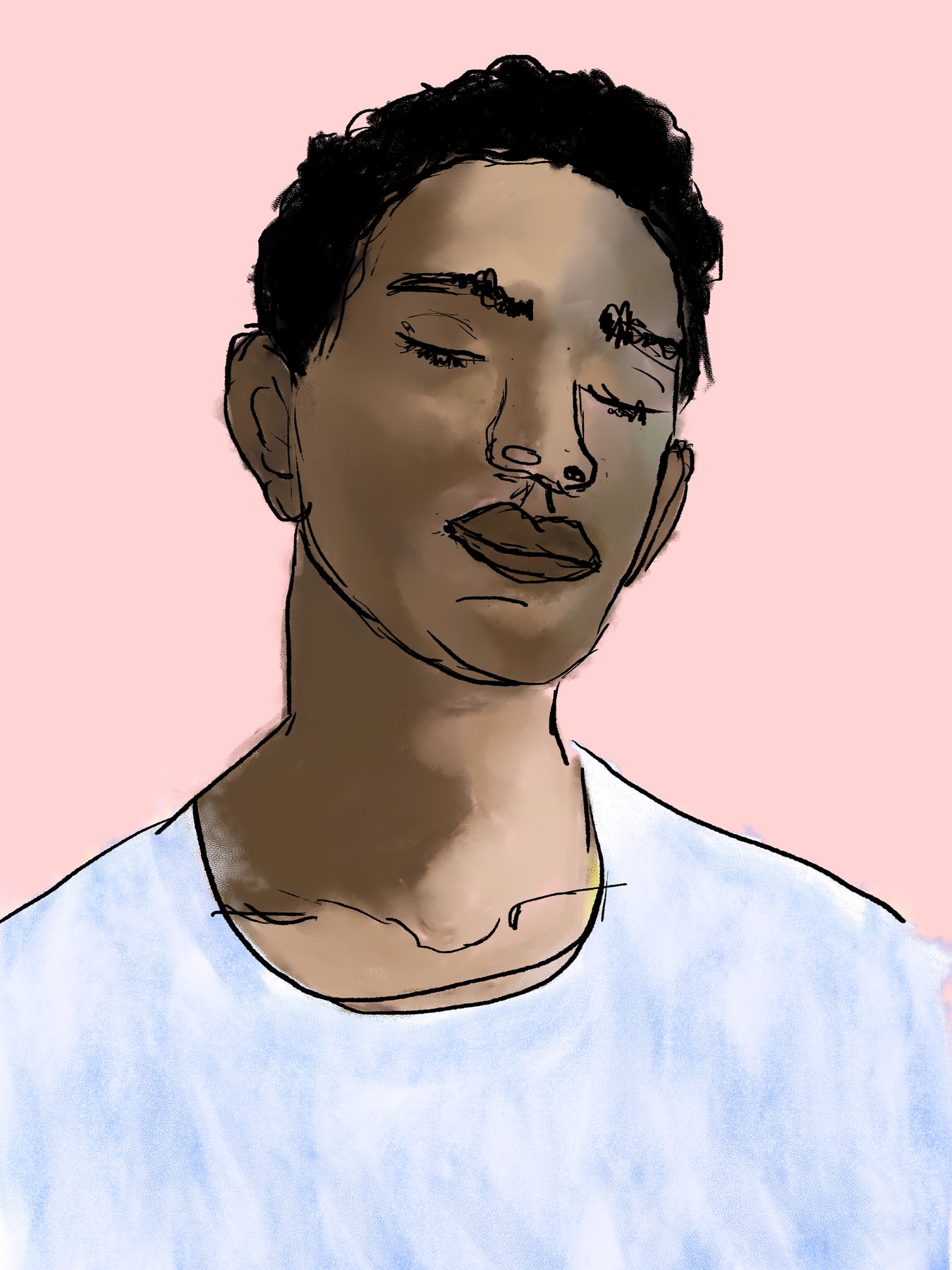 portrait study of a man with eyes closed, pink background, blue shirt