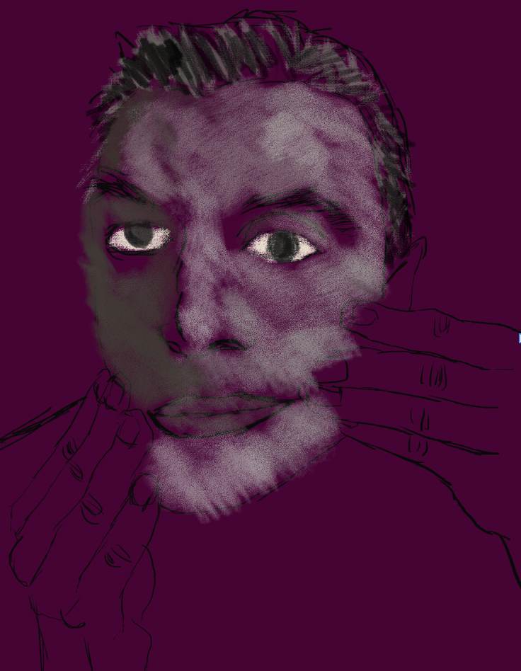 a self-portrait, hand raised to the face, deep maroon and burgundy tones