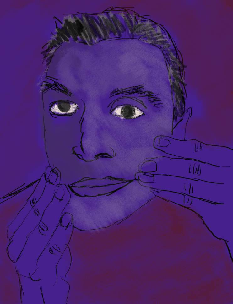 the same self-portrait in deep violet and blue tones