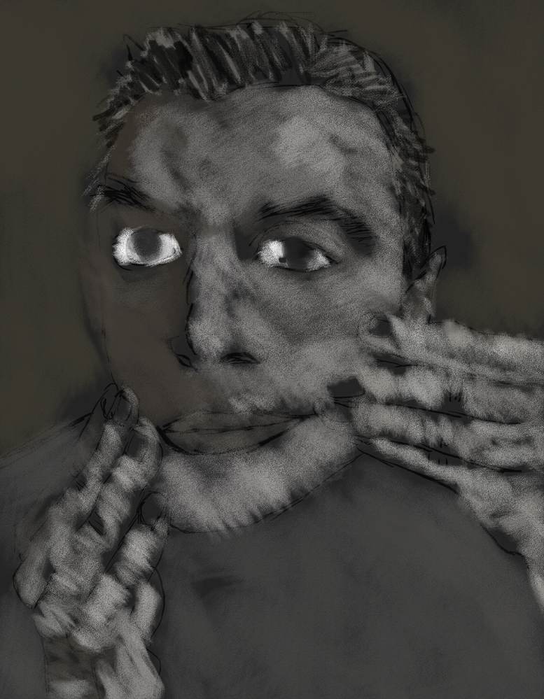 the same self-portrait rendered in grayscale, with a textured scarf