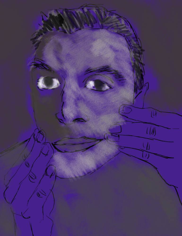a self-portrait, hand raised to the face, blue-violet tones