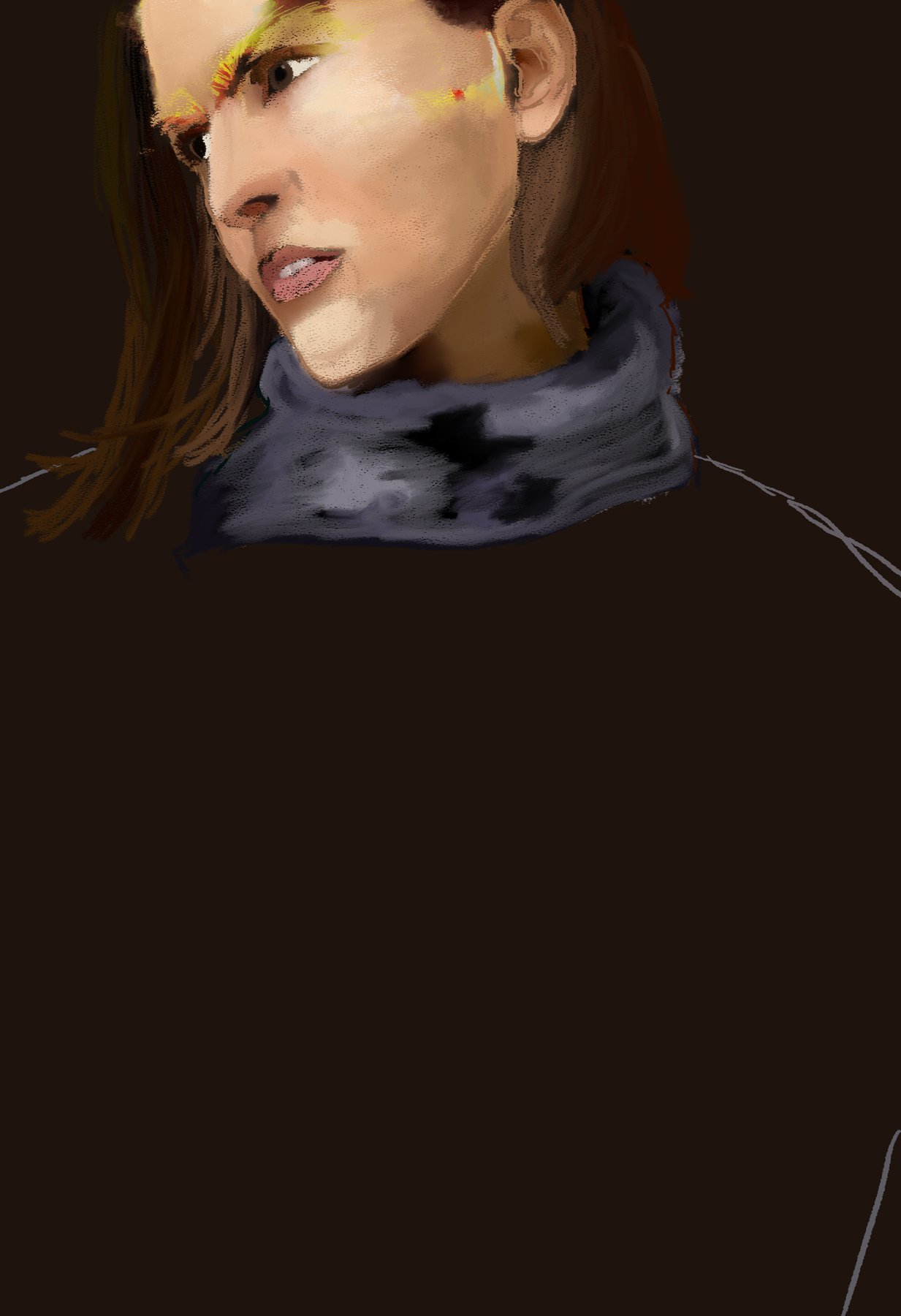 close portrait of a woman in a dark scarf, warm brown low light