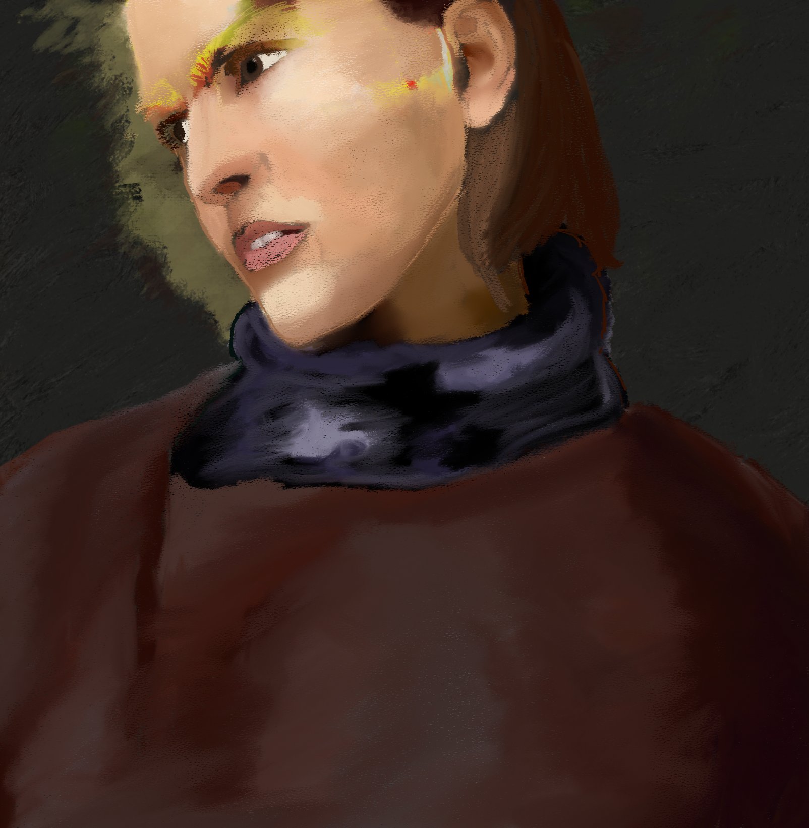 close portrait of a woman in a dark scarf, deep red-brown low light
