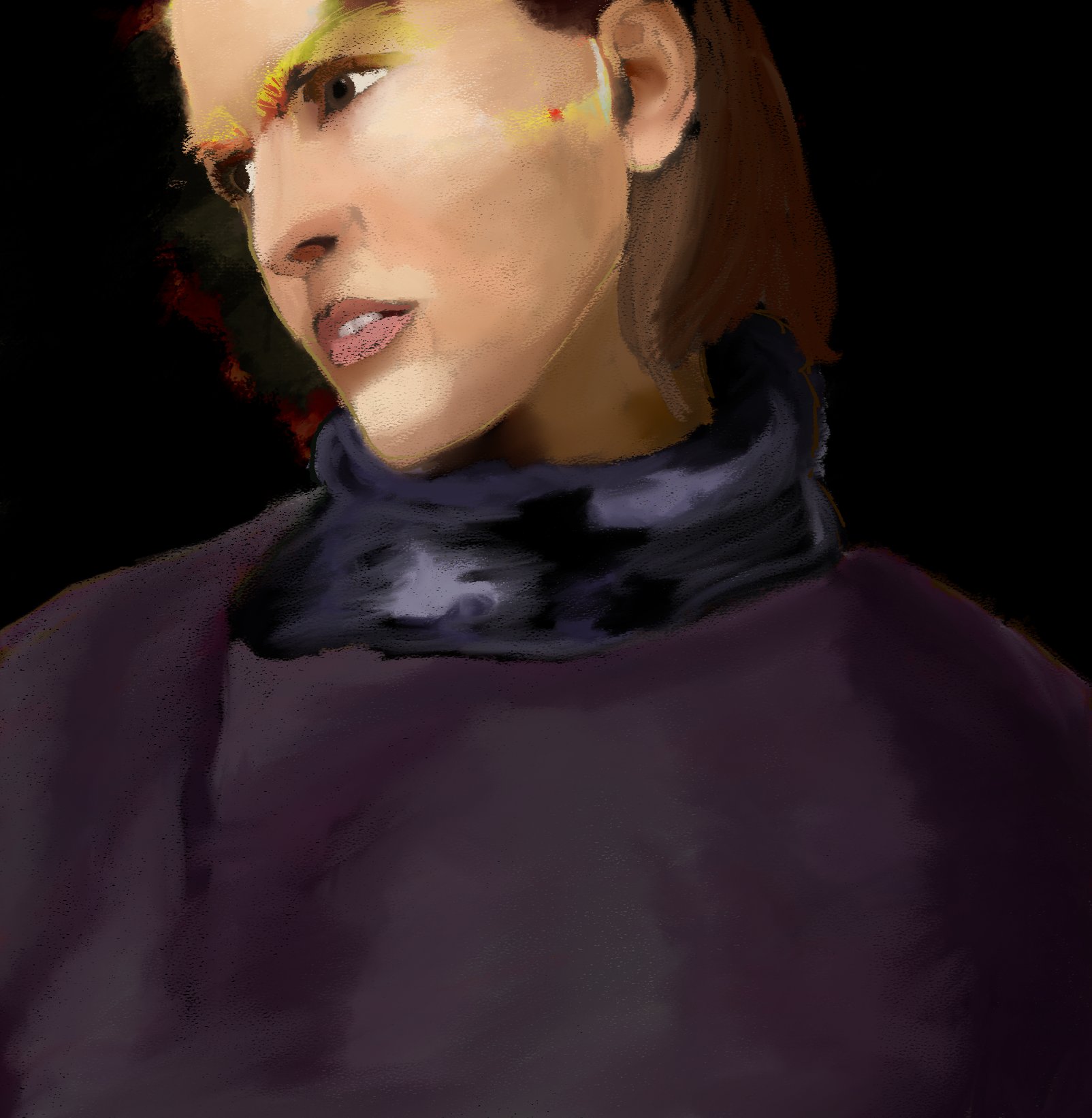 close portrait of a woman in a dark scarf, deep purple low light