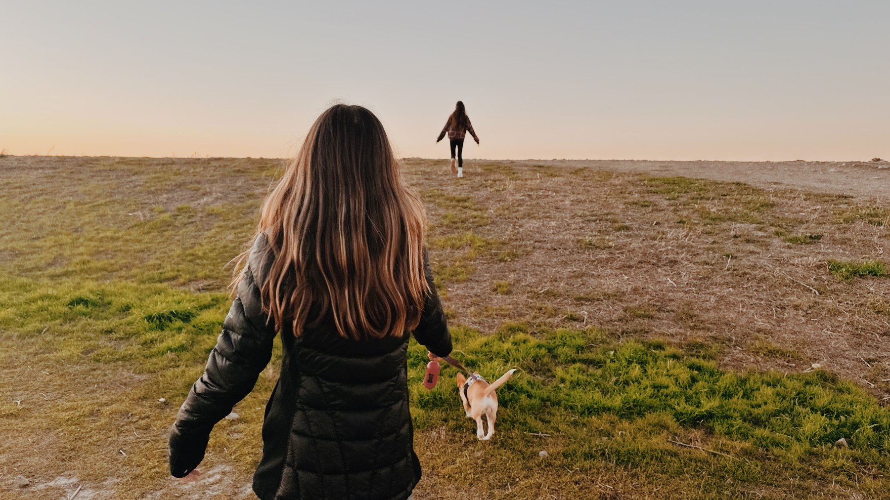 a woman and her dog walking along the beach