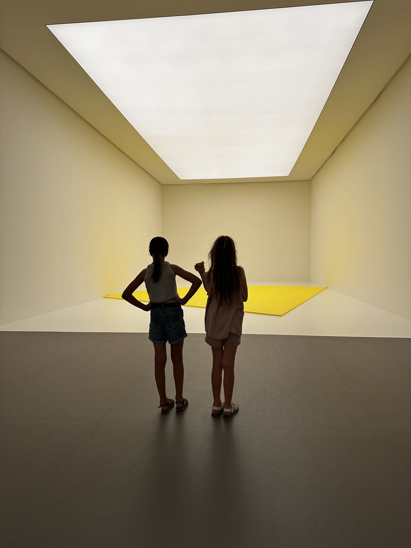 two figures in a sunlit gallery room