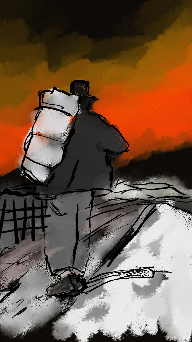 a traveler with a bundle on his back silhouetted against a deep red and orange sunset