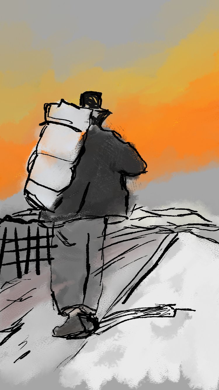 the same traveler figure against a bright orange gradient sky