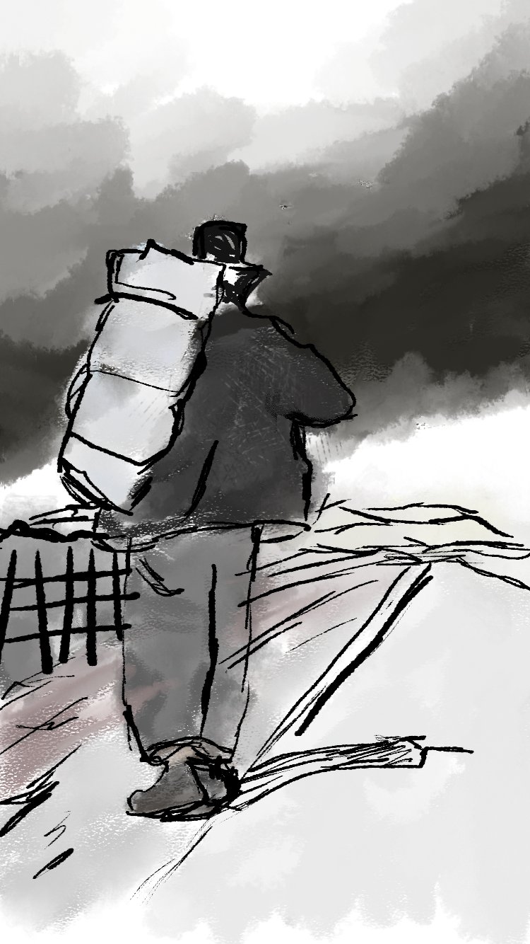 the traveler figure against a stormy gray and black sky