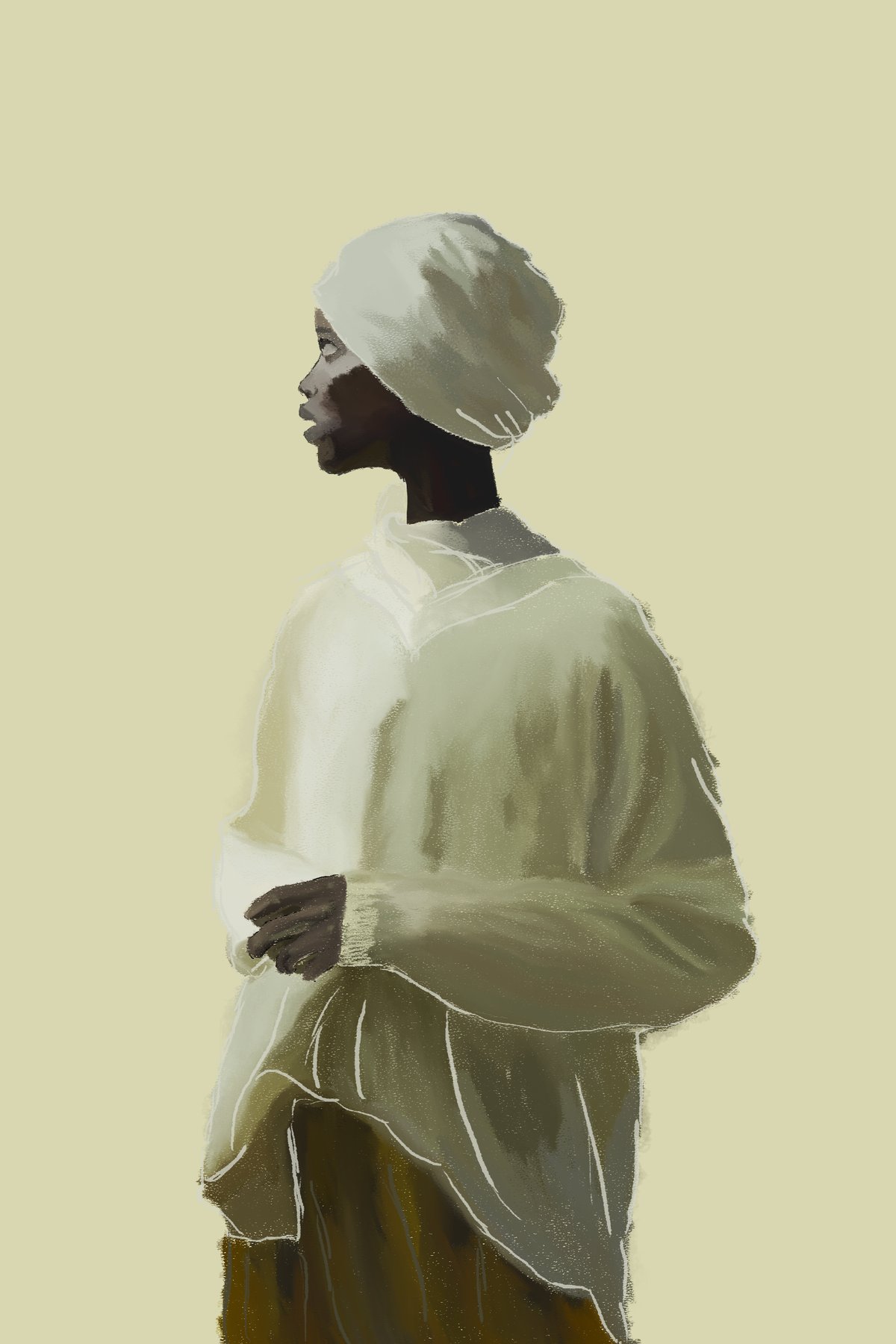 a figure in a pale robe and white headwrap in profile, cream background