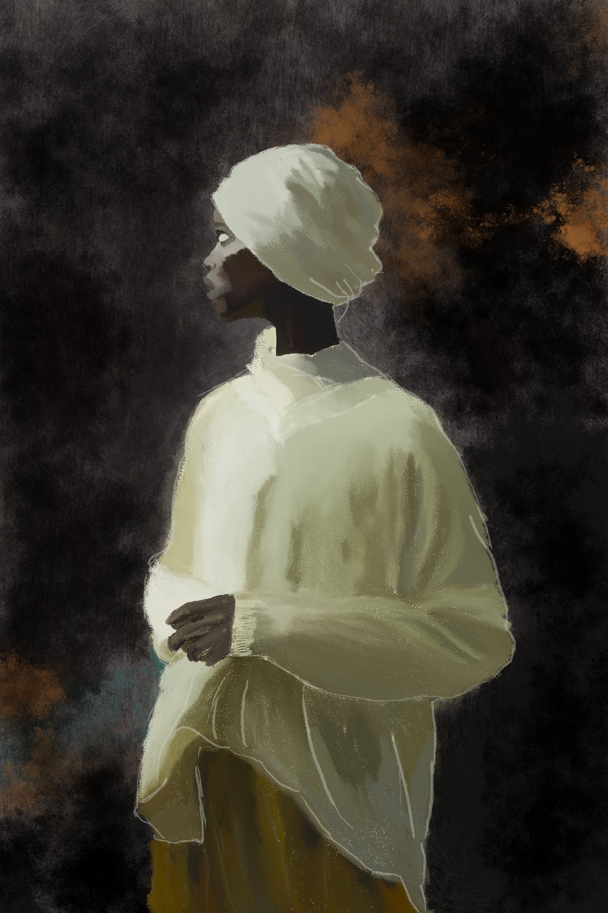 a figure in a pale robe and white headwrap in profile, dark background with warm smoke