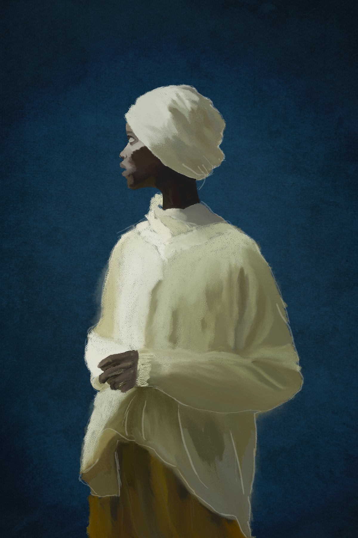 a figure in a pale robe and white headwrap in profile, deep blue background