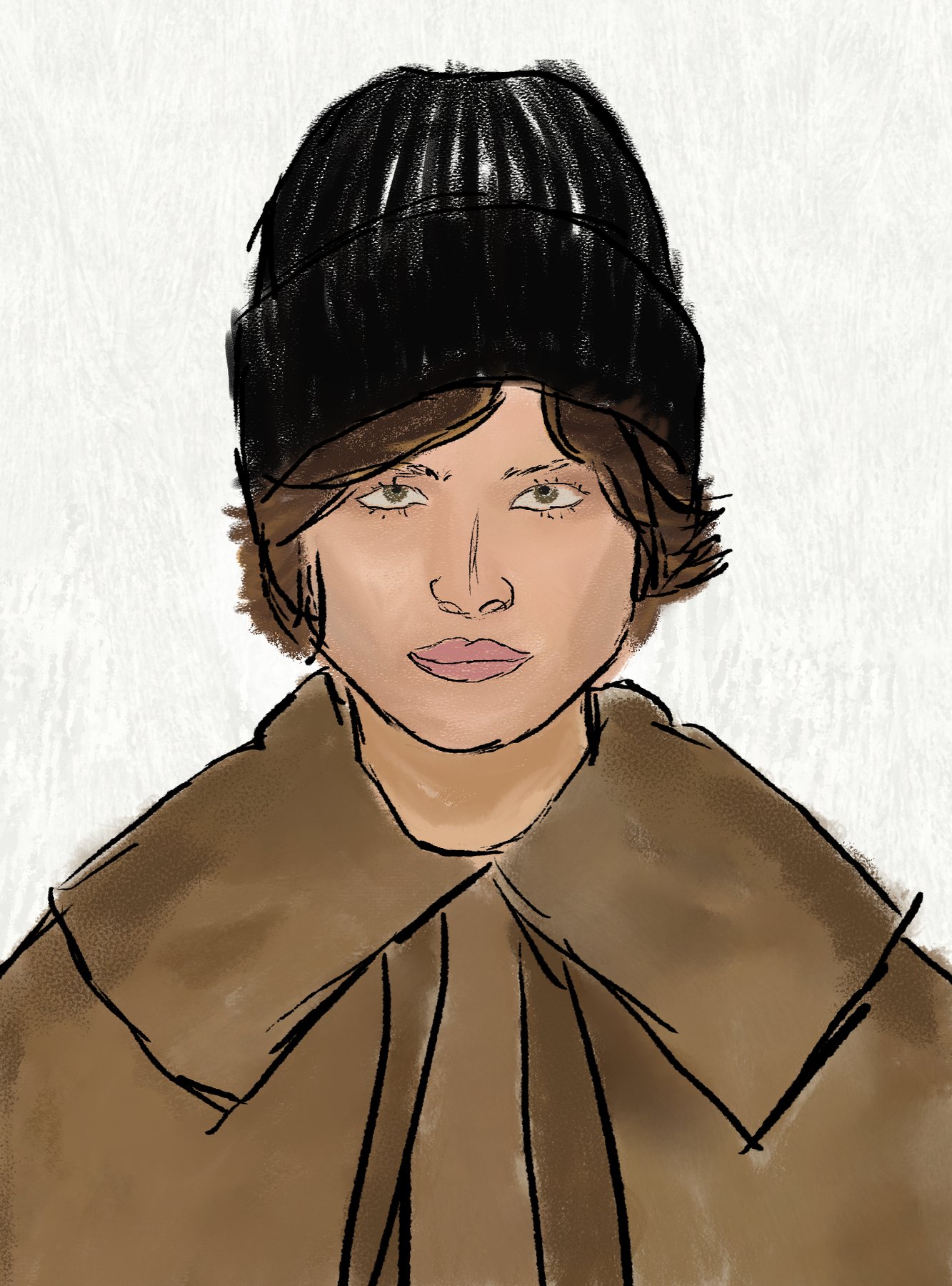 portrait of a girl in a black beanie and brown coat, clean graphic linework, white background