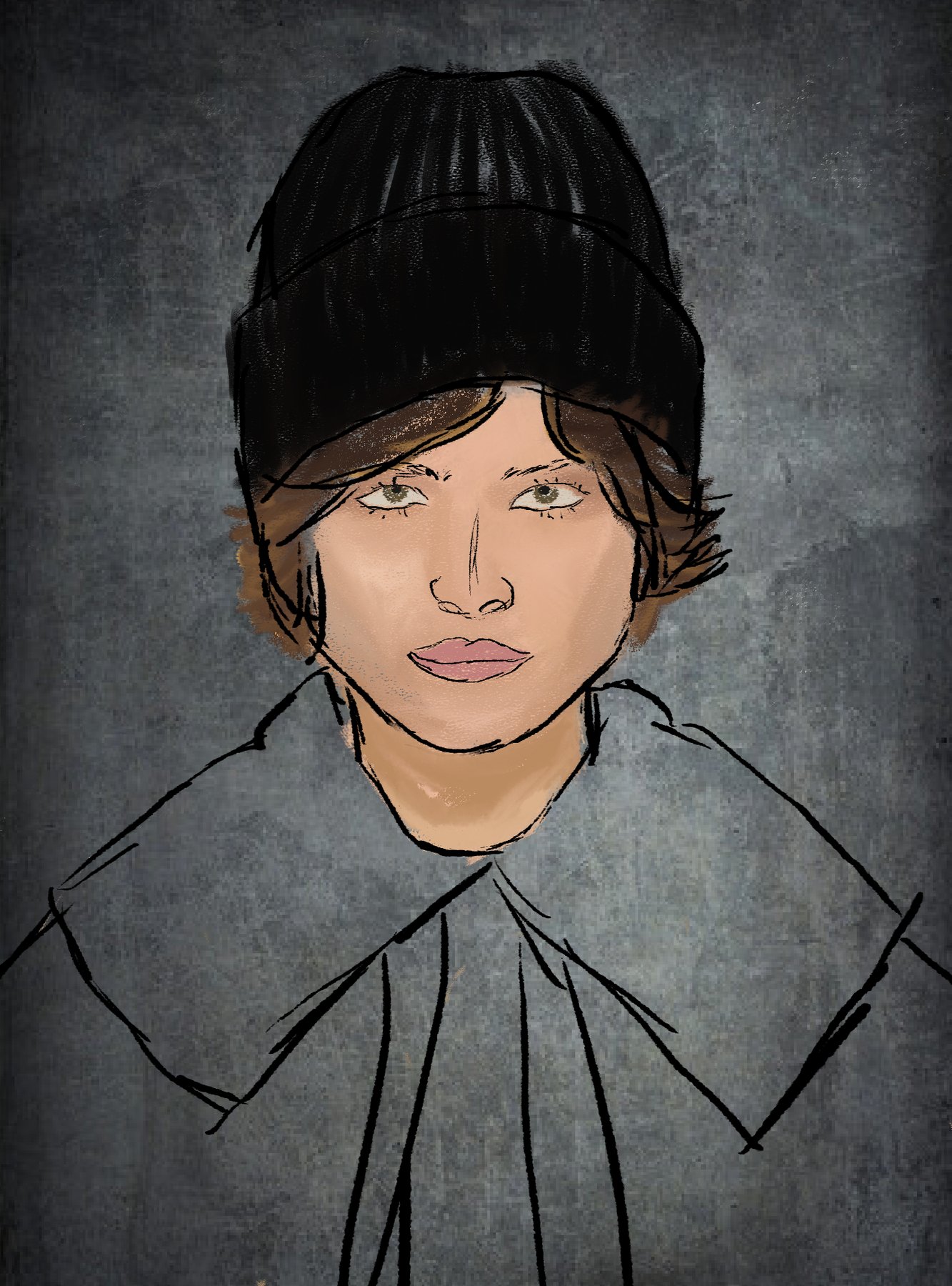 portrait of a girl in a black beanie, painterly rendering, gray background
