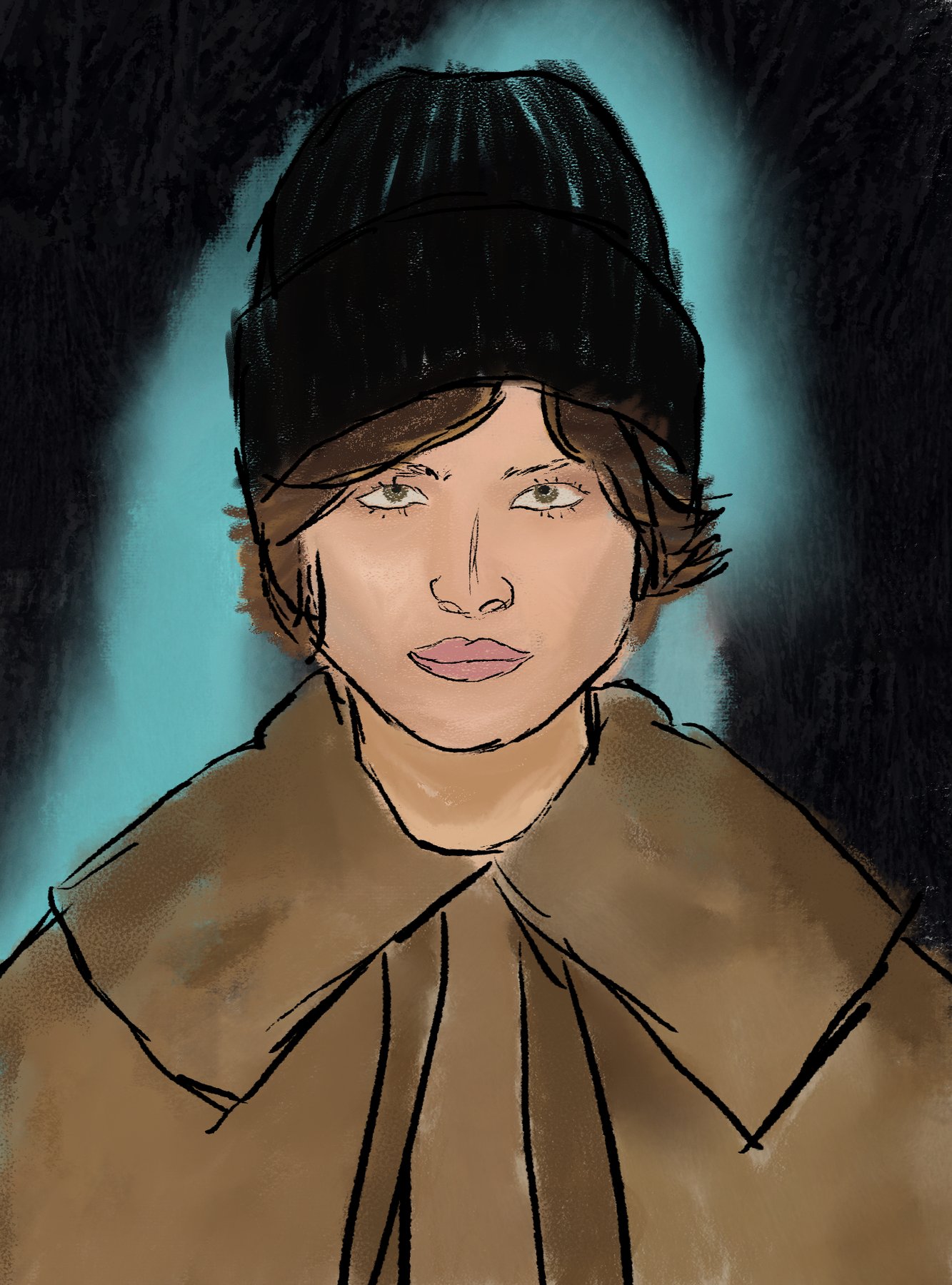 portrait of a girl in a black beanie, painterly rendering, dark teal background