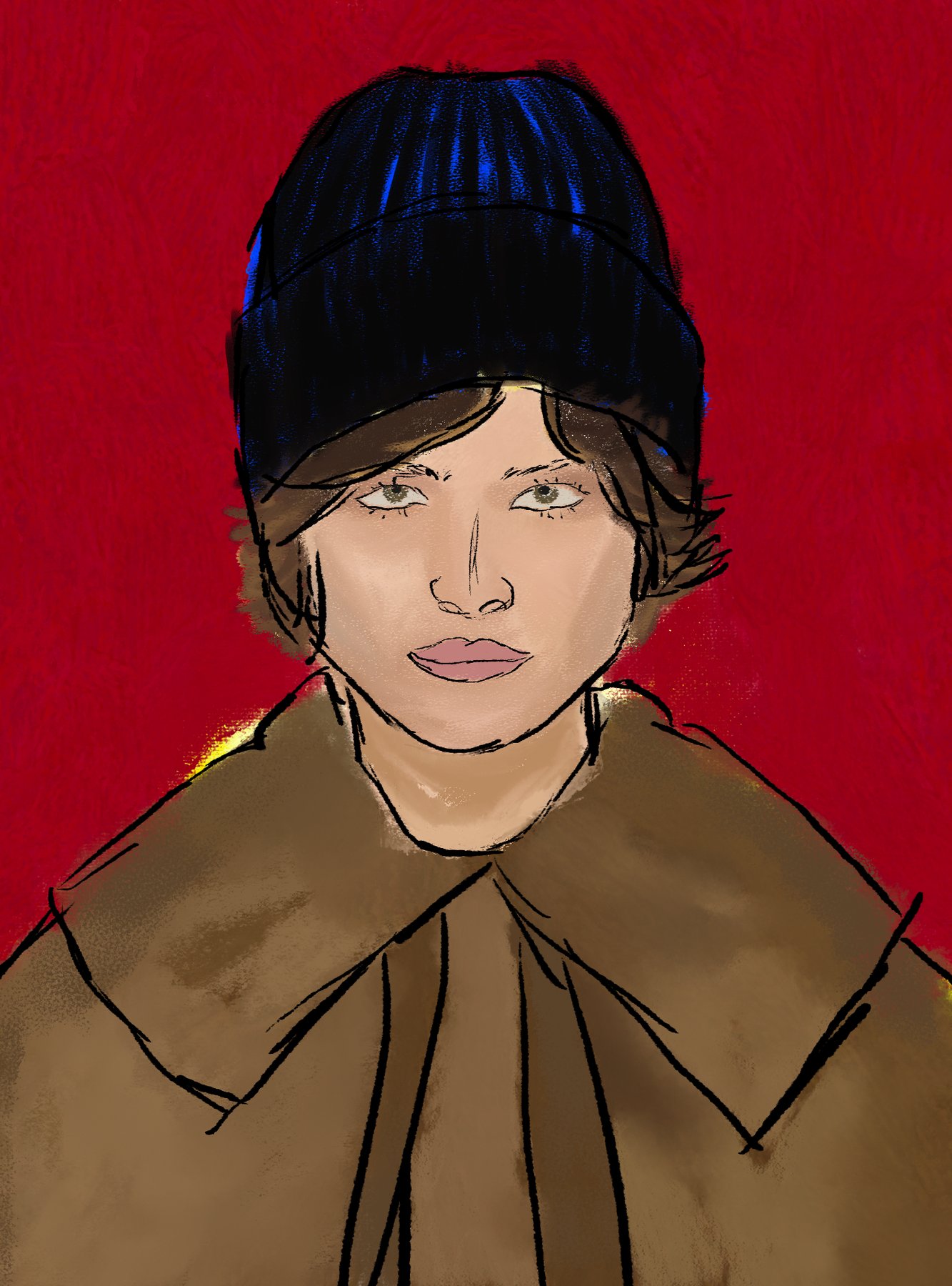 portrait of a girl in a black beanie, graphic flat color, bold red background